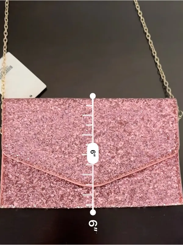 Pink Glitter Envelope Clutch with Gold Plated Chain - Image 5