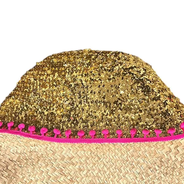 Natural Life Wicker Straw Sequined Pink Pom Pom Tote Beach Coquette Basket Bag - Image 2