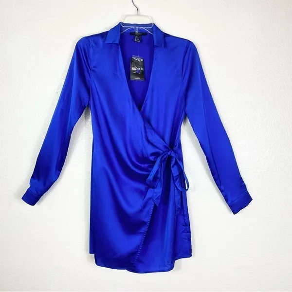 Forever 21 Royal Blue Satin Long Sleeve Wrap Dress - Image 3