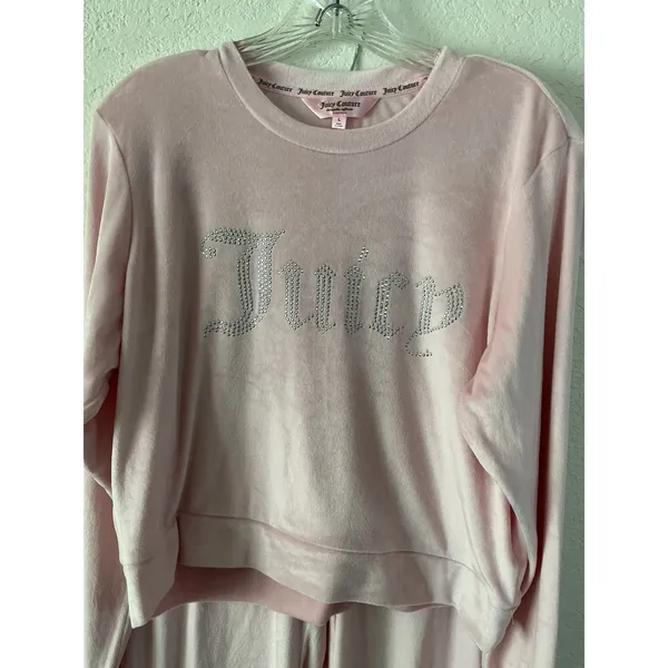 Juicy Couture Pajama Set Size L‎ Pink Velour Rhinestone Logo Sweatshirt Pants - Image 9