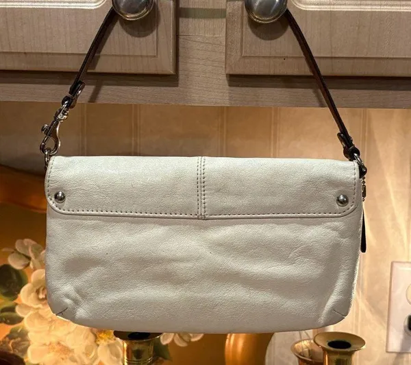 COACH Purse Wrist Clutch Snap Wallet Blue Lined Cream & Brown Leather - Image 7