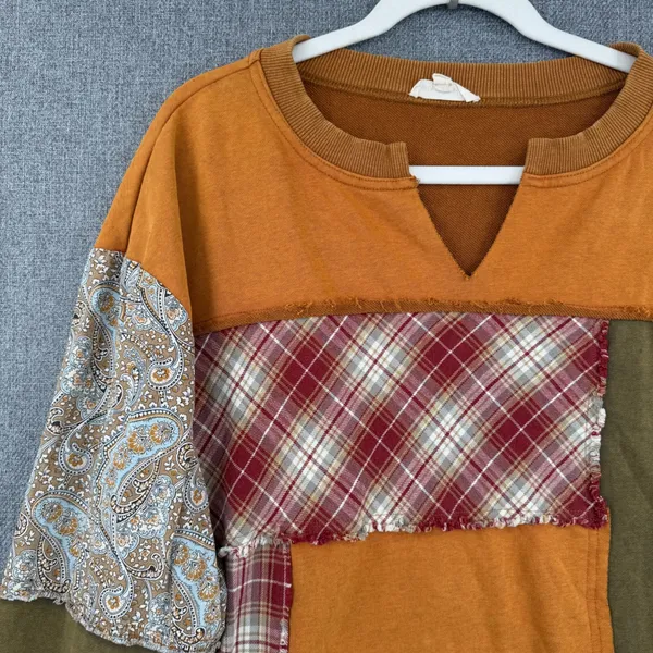 Oli & Hali Patchwork Distressed Pullover Sweatshirt Plaid Paisley Boho Fall Sz S - Image 3