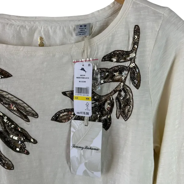 NWT Tommy Bahama Cream For Fronds Sequin Leaf Luxe Cotton Tee Top Size Medium - Image 3