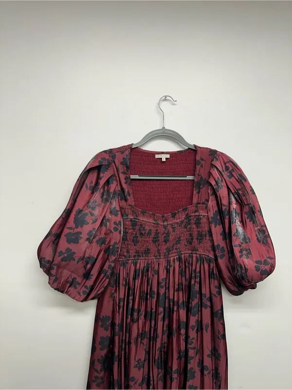 Heart of Mine Burgundy Floral Midi Dress with Puff Sleeves - Image 8