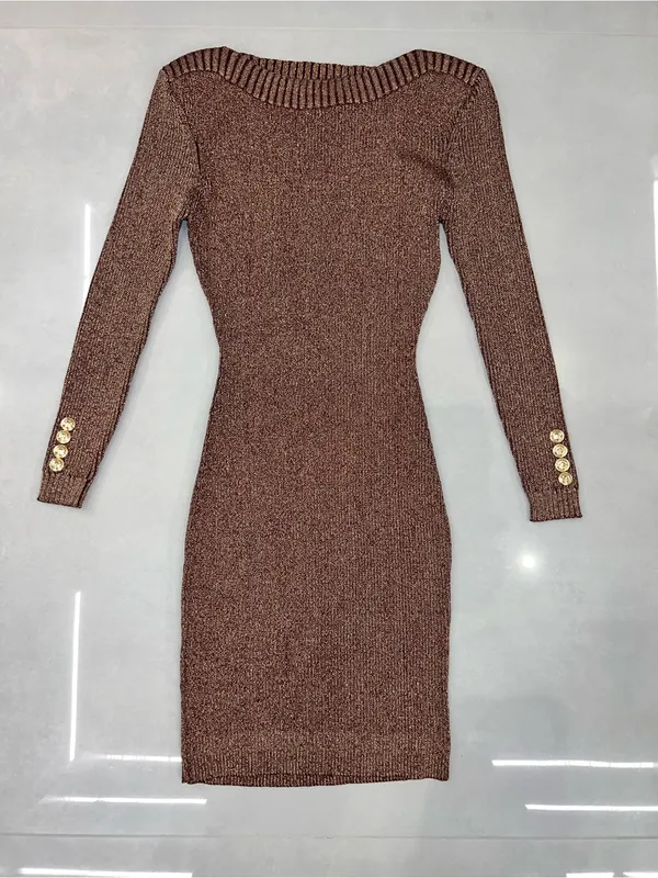 Retrofête AVENUE RIB KNIT DRESS in Metallic Cognac - Image 4