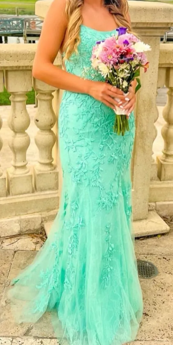 Berlin Nova Mint Green Lace Mermaid Prom Dress with Spaghetti Straps - Image 2