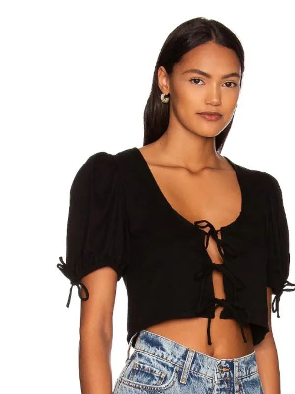 Free People Kitty Tee Black Cropped Puff Sleeve Tiered Tie-Front Closure Size XS - Image 16