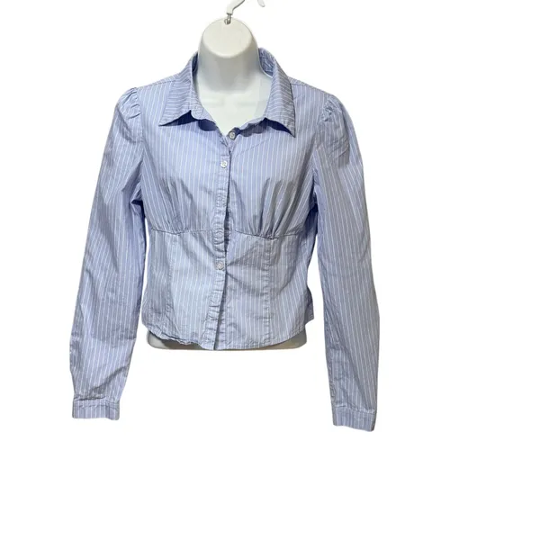 Edikted Blue White Striped Cinched Waist Cropped Button Down Shirt Small - Image 2