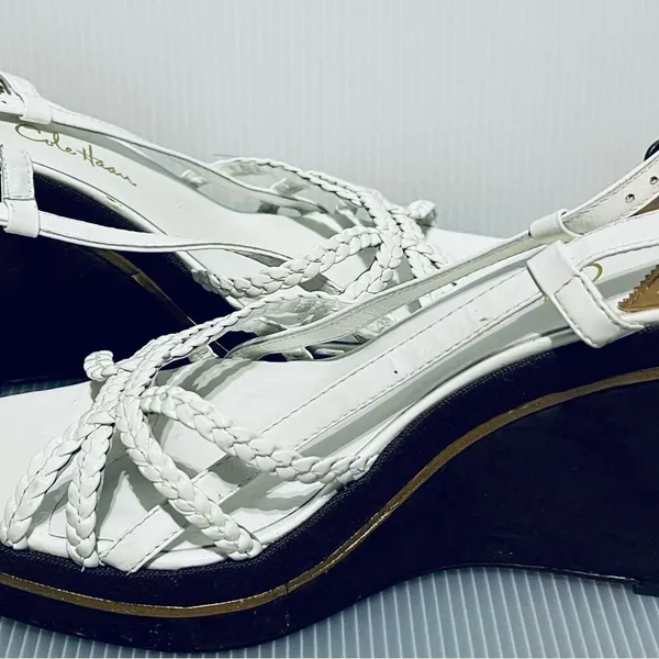 COLE HAAN SZ 8 White patent leather woven Wedge Sandals Slingback Cork Gold - Image 13