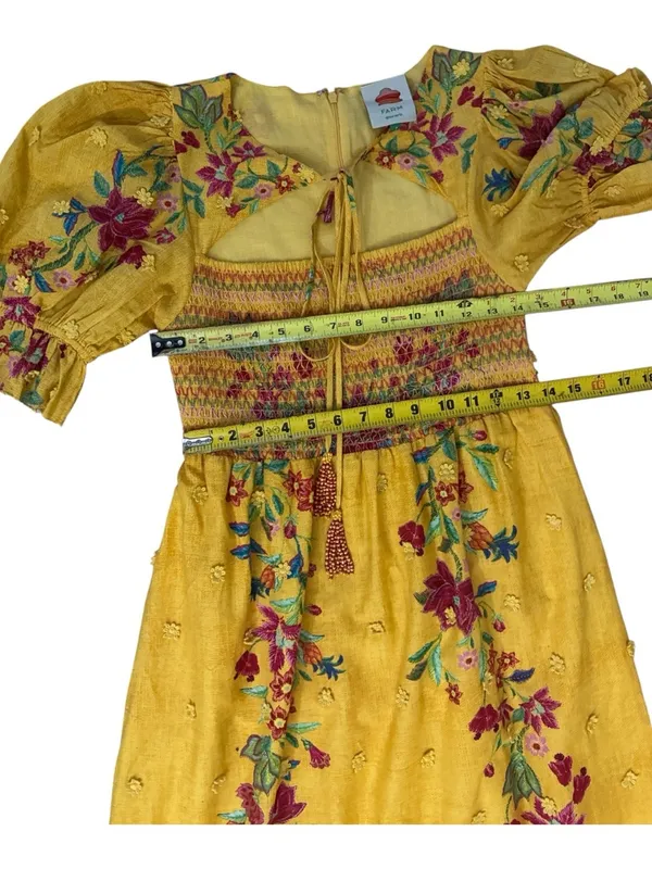 Farm Rio Boho Floral Dream Yellow Smocked Midi Dress - Sz Small - Image 13