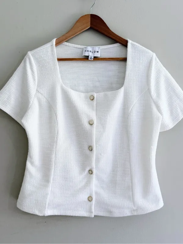 Harlow White Square-Neck Boucle Co-Ord Button Front Short Sleeve Top Women’s XL - Image 2