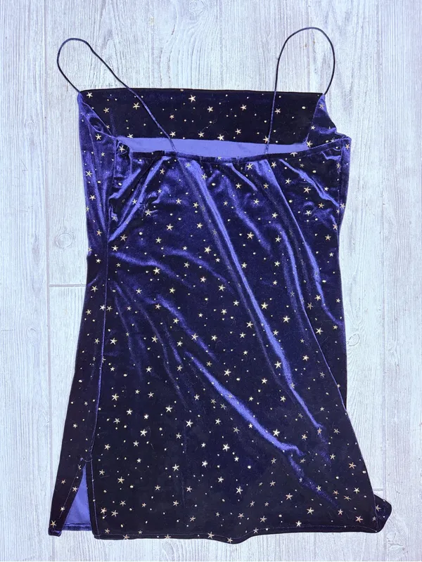 Zaful large velvet royal blue mini spaghetti strap dress w/ gold star celestial - Image 5