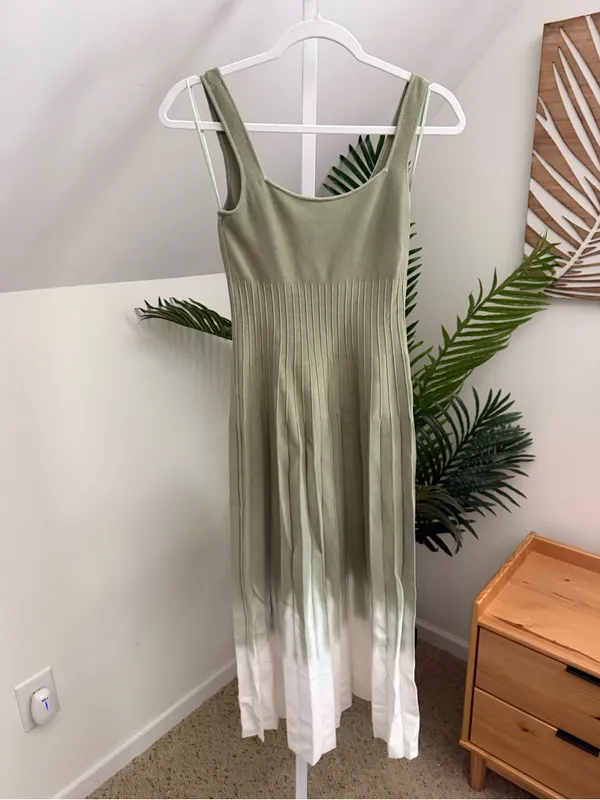 Staud Tie Dye Ellison Dress Sleeveless Pleated Midi A-Line Green & White Small - Image 4