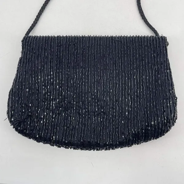 Vintage‎ Beaded Snap Flap Corded Strap Clutch Shoulder Bag Black Small Flapper - Image 2