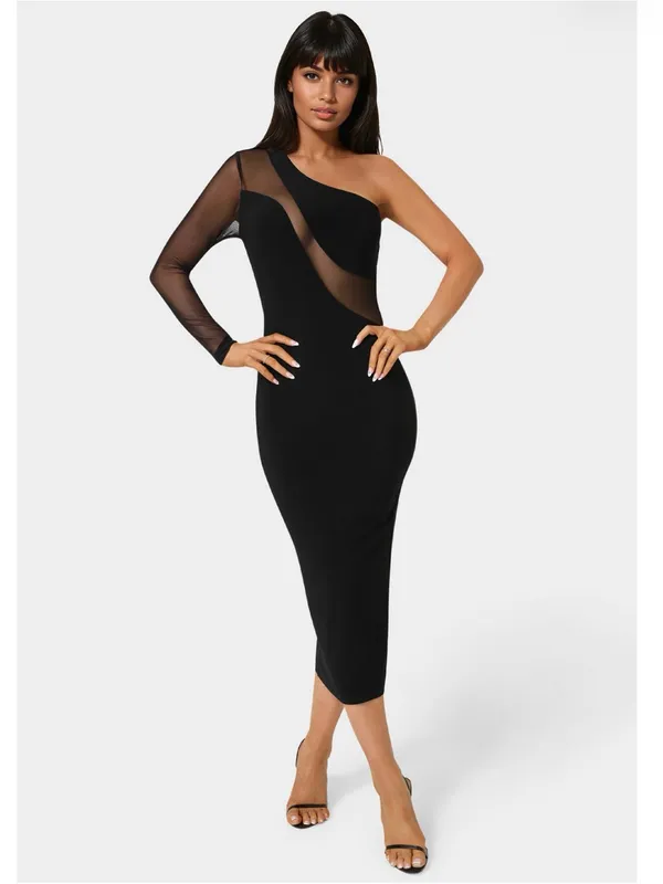 Bebe Women's One Shoulder Mesh Insert Midi Dress Black Dress Size L - Image 2