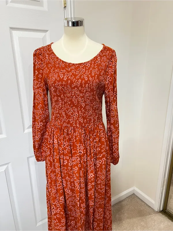 Susina Floral Smocked Bodice & Tiered Midi Dress Orange Burnt Orange Size Large - Image 6
