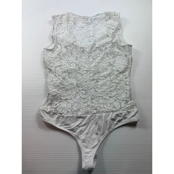 Bebe Womens White Floral Lace Sleeveless V-Neck Thong Bodysuit XS - Image 6