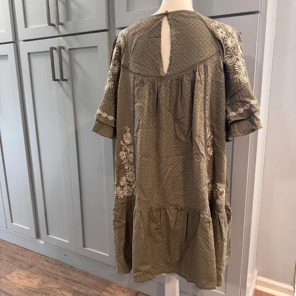 FESTI Olive Green Embroidered Dobby Mini Dress Cotton Linen Boho Size 0 - Large - Image 2