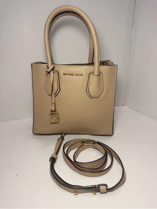 Michael Kors Mercer Small Pebbled Leather Satchel Crossbody Beige Gold - Image 13