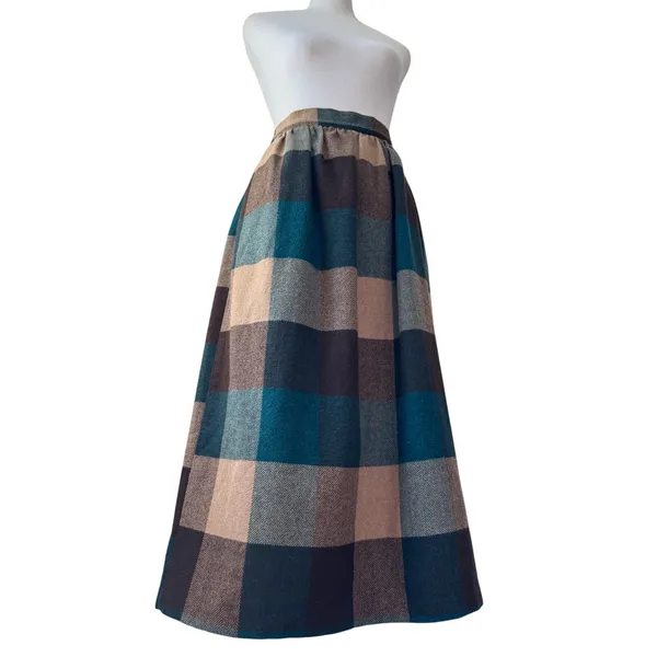 Vintage ‘80s Shelly’s Tall American Beauty Brown & Teal Wool A-Line Midi Skirt - Image 3