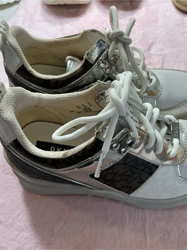 DKNY White and Silver Platform Lace-Up Sneakers b121 - Image 3
