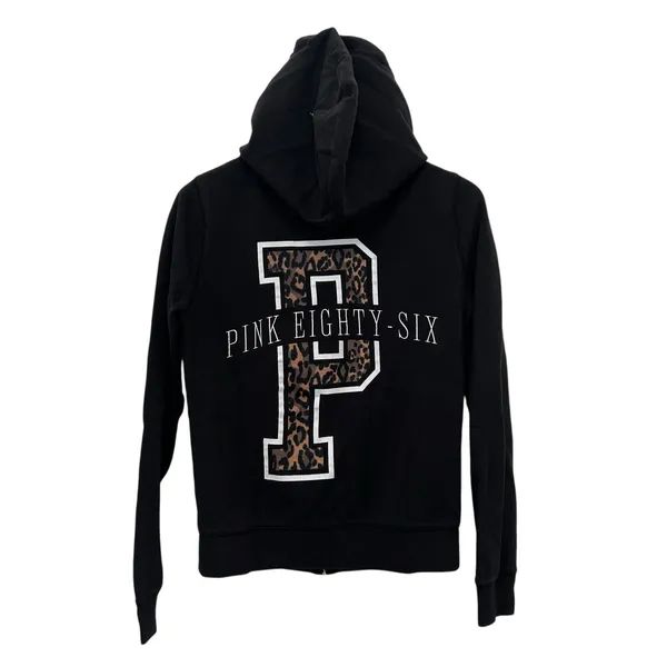 Pink Victoria's Secret Black Leopard Full Zip Hoodie Sz M - Image 3