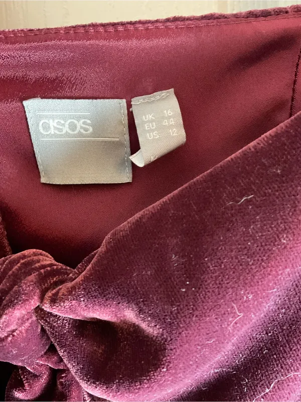 ASOS Velvet Tie-Front Puff Sleeve Mini Dress Plum Burgundy Size 12 - Image 6