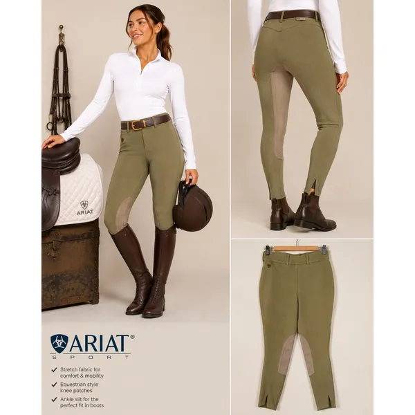 Ariat Sport Equestrian Breeches Olive Green Tan Knee Patch Riding Pants 32R - Image 2