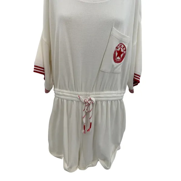 Anthropologie Waffle Knit Romper Varsity Stripe Deep V‎ Back White Red Large - Image 5