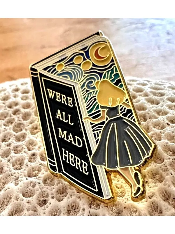 Alice in Wonderland Pin We’re All Mad Here Book Design Starry Night Rabbit Hole - Image 9