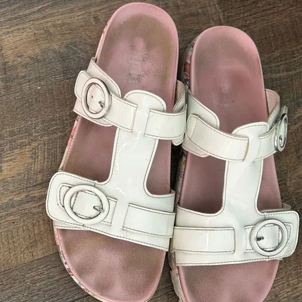 Alegria Vista‎ White Patent Floral Platform Slide Sandals Buckle Straps Size 40 - Image 2