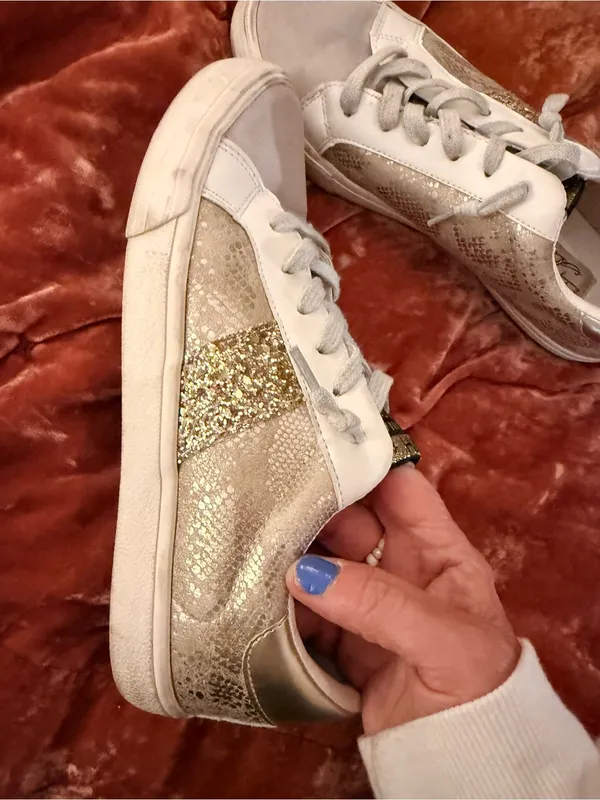 Vintage Havana Kate Gold Snakeskin with Glitter Neutral Lace Up Cssual Sneaker - Image 5