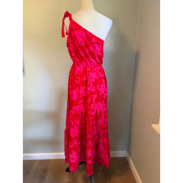 PrettyGarden One Shoulder Floral Maxi Dress Red Pink Tiered Boho Summer M resort - Image 5
