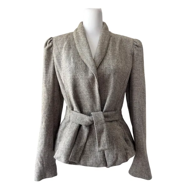 Vintage ‘80s Peabody House Gray Beige Wool Blend Belted Single Breasted Blazer - Image 2