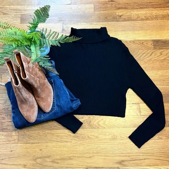 Stitch Drop Womens Large Black Ribbed Knit Turtle Neck Long Sleeve Crop Sweater - Image 2