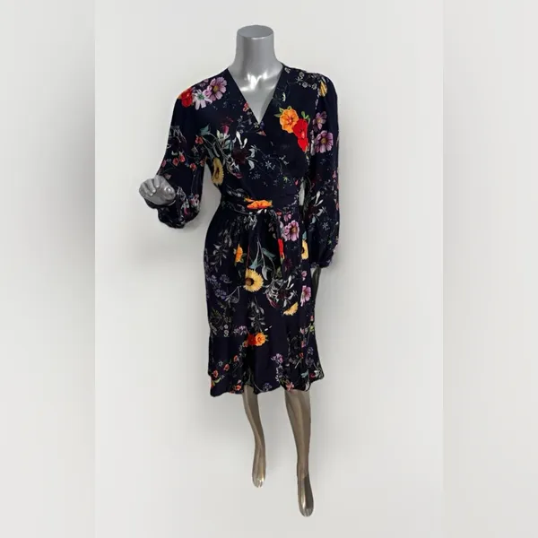 Amour Vert Washable Silk Elma Provence Floral Wrap Long Sleeve Midi Dress M - Image 6