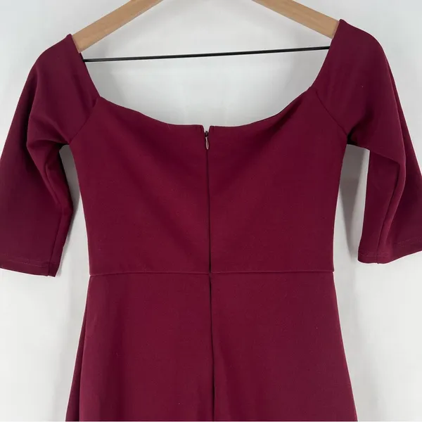 Lulus Burgundy Stretch Crepe‎ Off The Shoulder 3/4 Sleeve Faux Wrap Midi Dress - Image 10