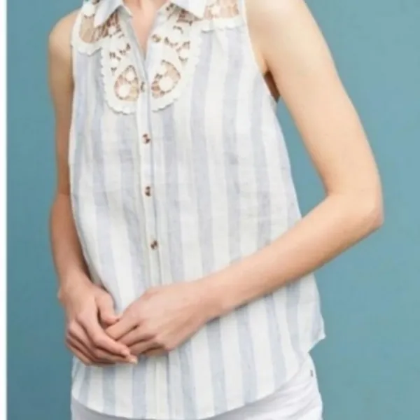 Anthropologie Maeve Edinboro Linen Top blue white‎ sz M - Image 3