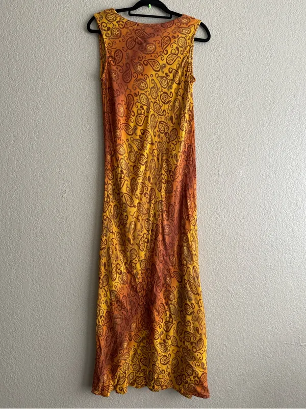 Vintage Gabrielle Orange Brown Paisley Sleeveless Maxi Dress Bohemian Fall Artsy - Image 5