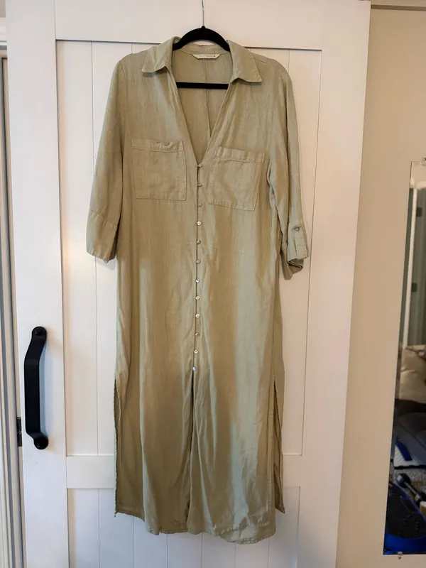 Zara Light Sage Green Button-Front Maxi Shirt Dress - Image 2