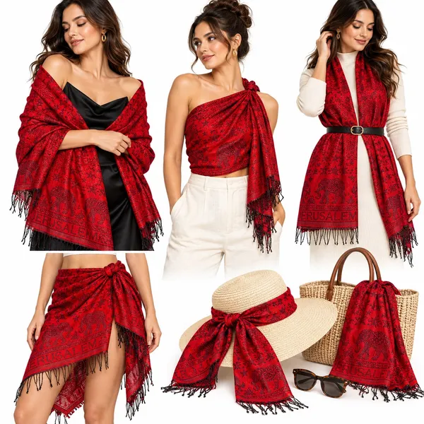 100% Cashmere Red Black Elephant Shawl Oversized Fringe Scarf Wrap - Image 2