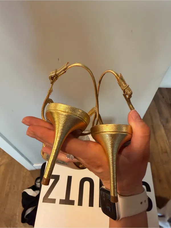SCHUTZ Octavia Mid Calf Leather Metallic Gold Multi-Strap Slingback Heels 8 - Image 4