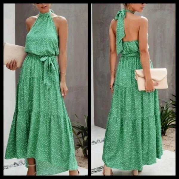 Green/White Polka Dot Lined Halter Top Dress with Tie (NWOT) - Image 10