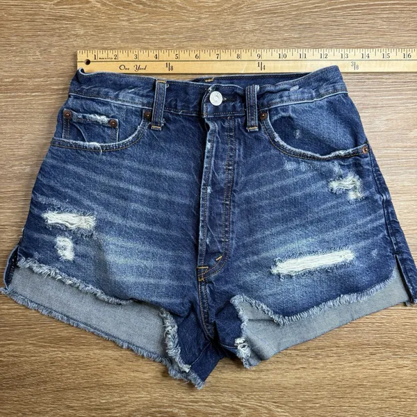 Abercrombie & Fitch High Rise Distressed Denim Shorts Women's Size 25 Raw Hem - Image 7