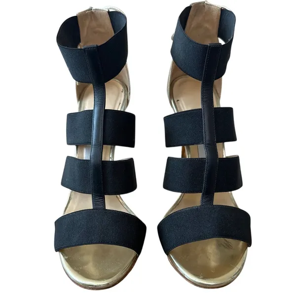 Jimmy Choo Dario Black Ladder Strap‎ Gold Heel Sandals Size US 8, IT 38 - Image 2