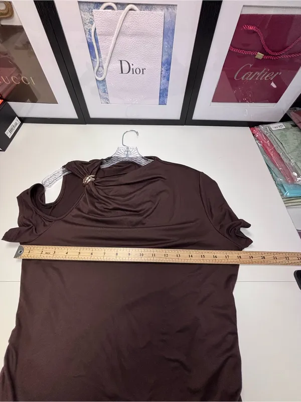 SHEIN Brown Asymmetrical Cold Shoulder Gold Ring Detail Top Plus OXL NWOT Chic - Image 4