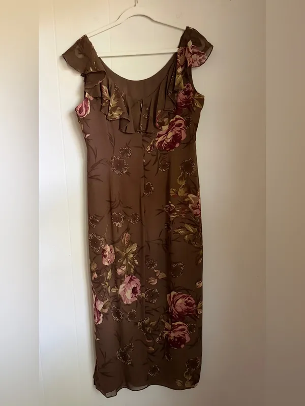 Morell Maxie Floral Column Dress Brown Pink Silk 14 Ruffle Sleeveless Y2K Fairy - Image 9