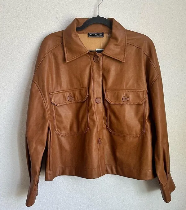 Bagatelle Collection Tan faux leather button jacket button down casual collared - Image 2