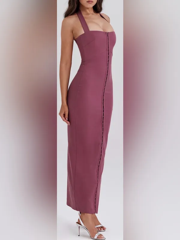 NEW HOUSE OF CB Mia Mulberry Twill Halter Maxi Dress sz XS - Image 3
