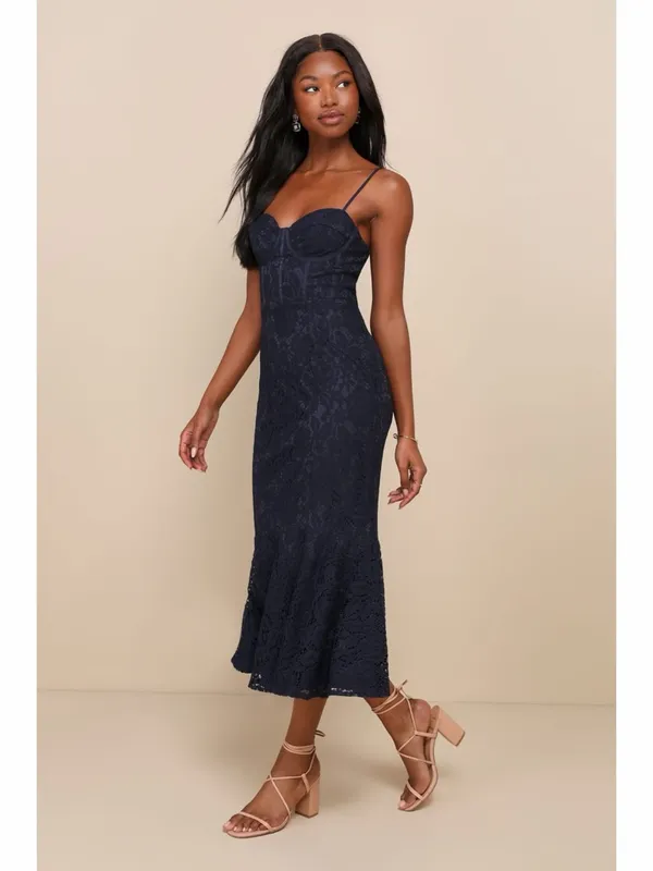 NWT Lulus Found Your Love Navy Blue‎ Lace Sleeveless Trumpet Midi Dress - Image 2